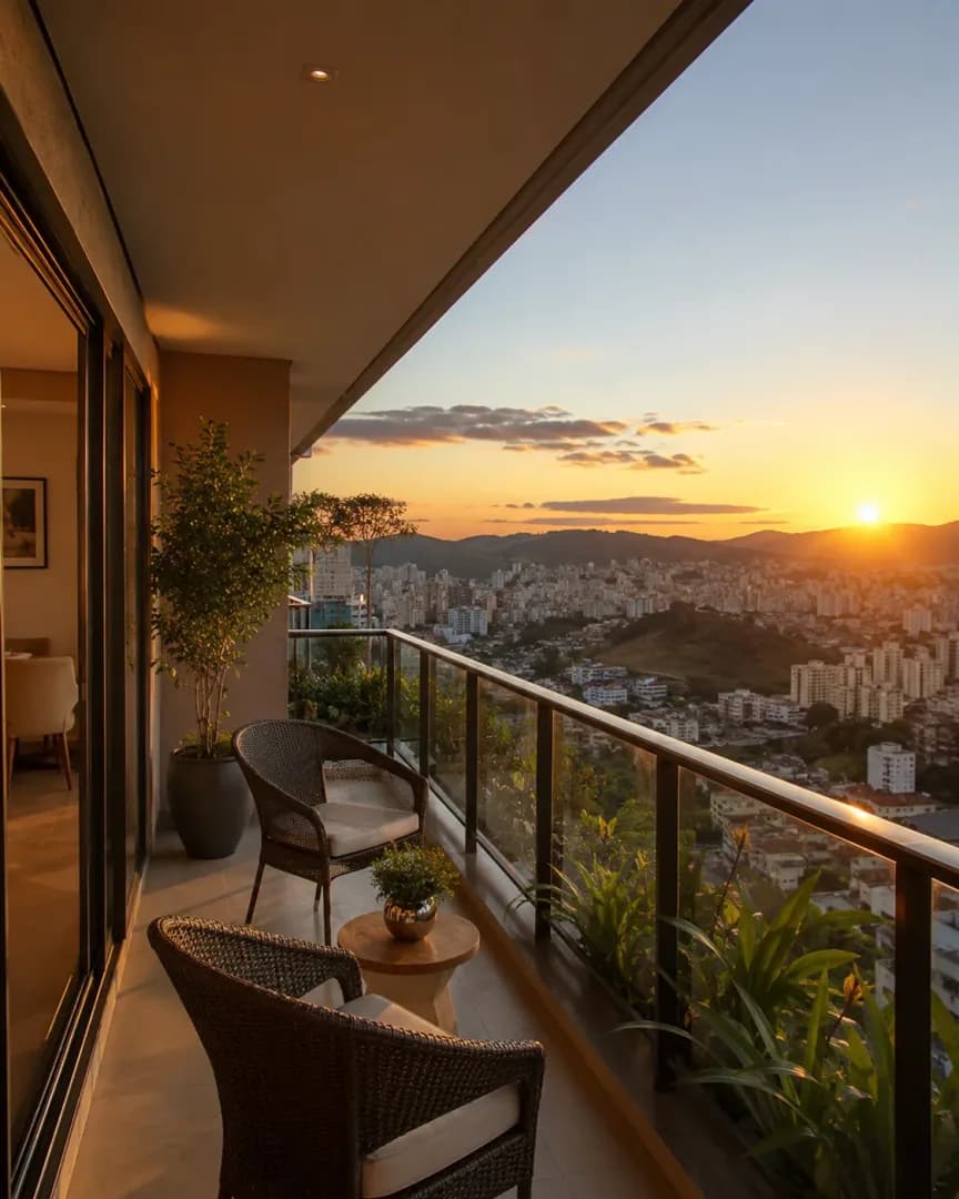 Varanda com vista no pôr do sol, trabalho de Rafael Fotografia de Imóveis em Juiz de Fora