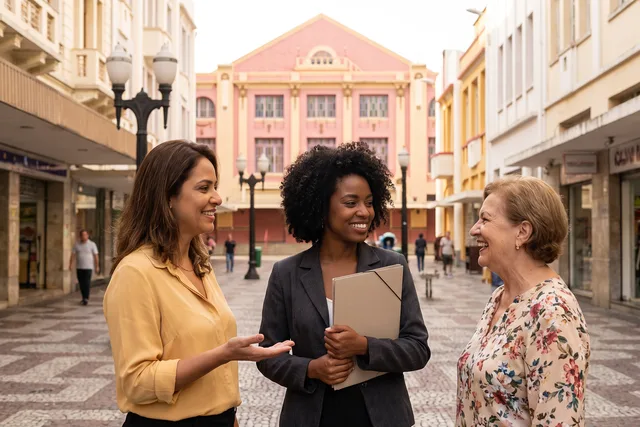 Cena ilustrativa de uma mulher apresentando sua arquiteta de confiança a uma vizinha no calçadão da Rua Halfeld, com o Cine-Theatro Central ao fundo, em Juiz de Fora.